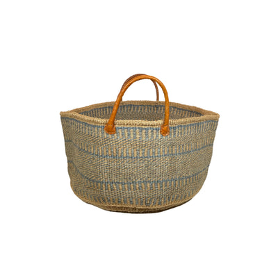 round, sisal floor basket with leather handles
