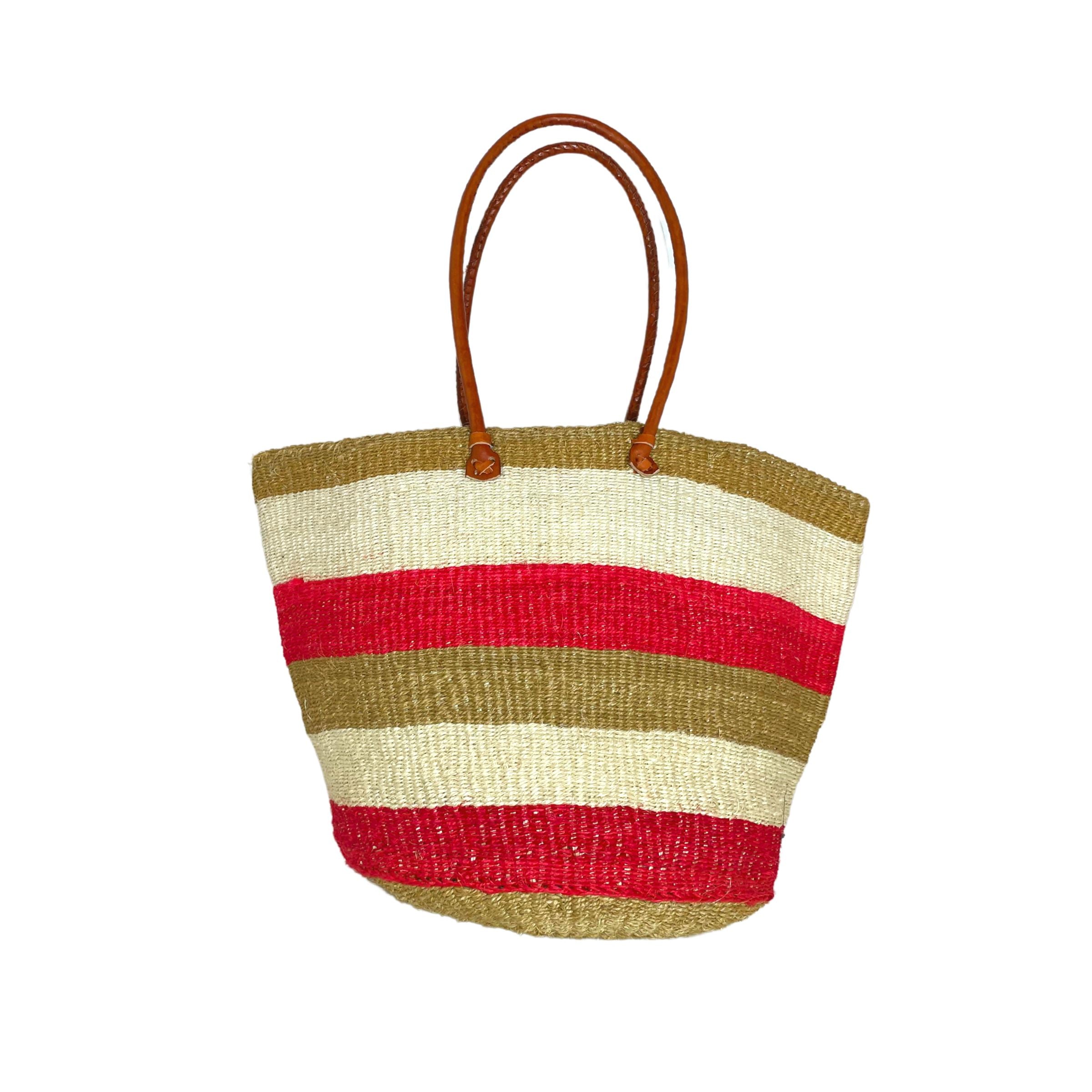 White Striped Shamba Basket Large, Long Handle Nzuri Basket Company